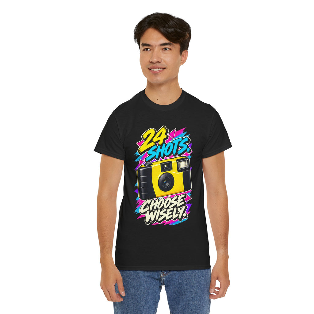 24 Shots Choose Wisely T-Shirt | Retro Disposable Camera Nostalgia on a Black T-shirt, view 29 (Color: Black)