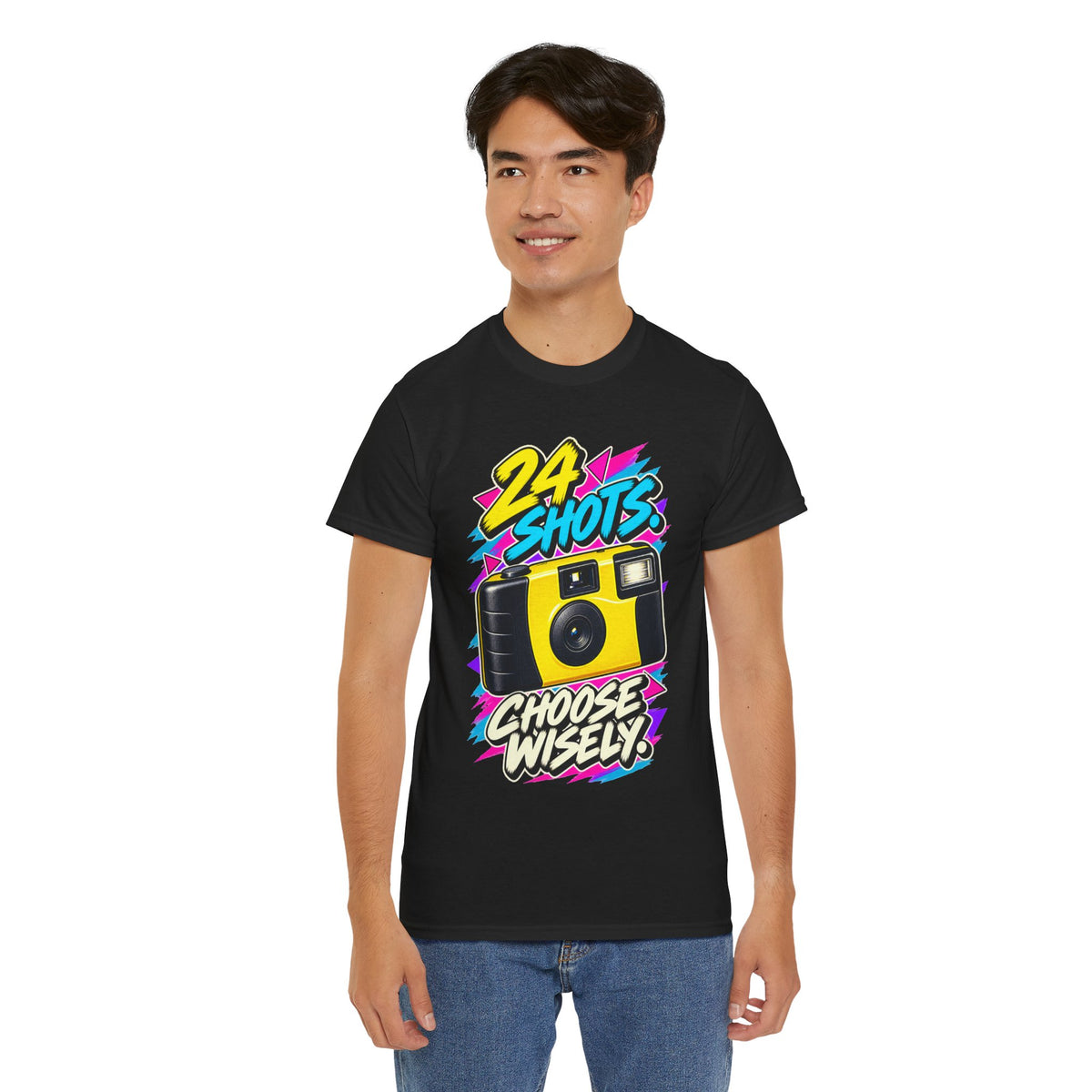 24 Shots Choose Wisely T-Shirt | Retro Disposable Camera Nostalgia on a Black T-shirt, view 29 (Color: Black)
