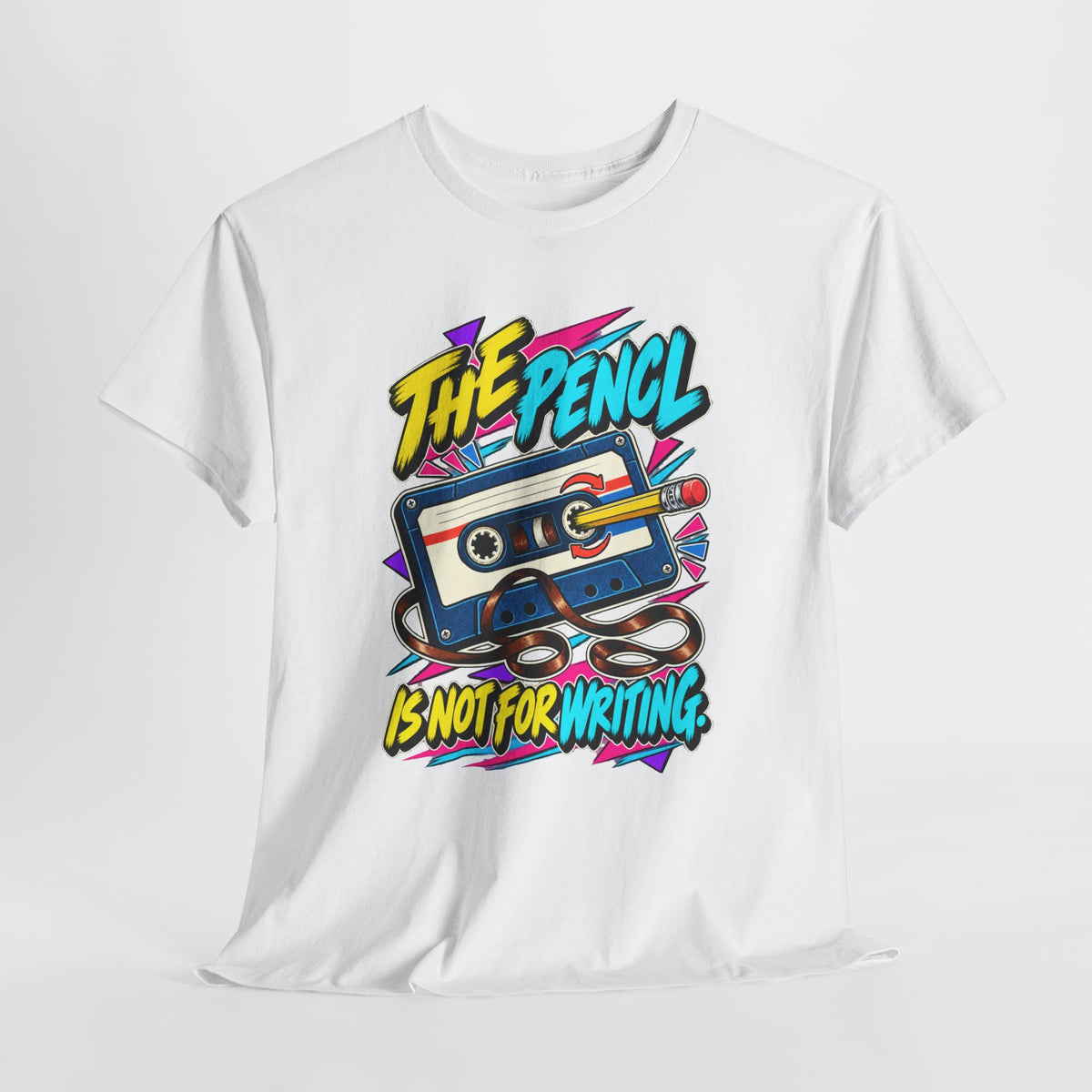 The Pencil Is Not for Writing T-Shirt | Retro Cassette Mixtape Nostalgia on a White T-shirt, view 6 (Color: White)