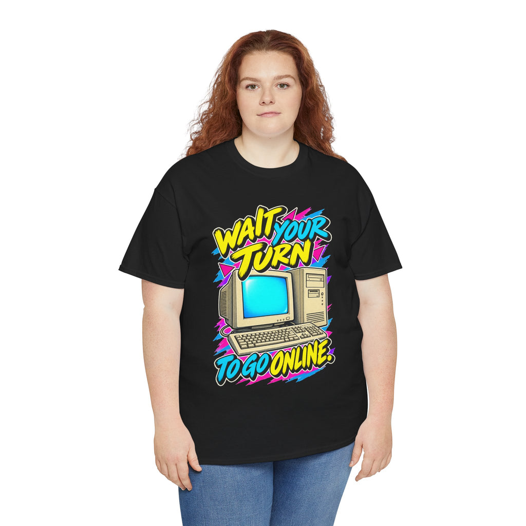 Wait Your Turn to Go Online T-Shirt | Retro Family Computer Nostalgia on a Black T-shirt, view 19 (Color: Black)