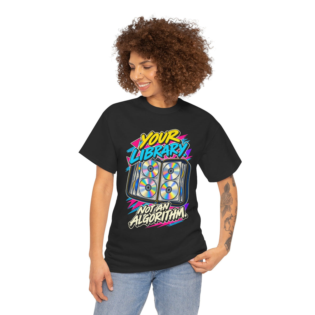 Your Library Not an Algorithm T-Shirt | Retro CD Binder Nostalgia on a Black T-shirt, view 17 (Color: Black)
