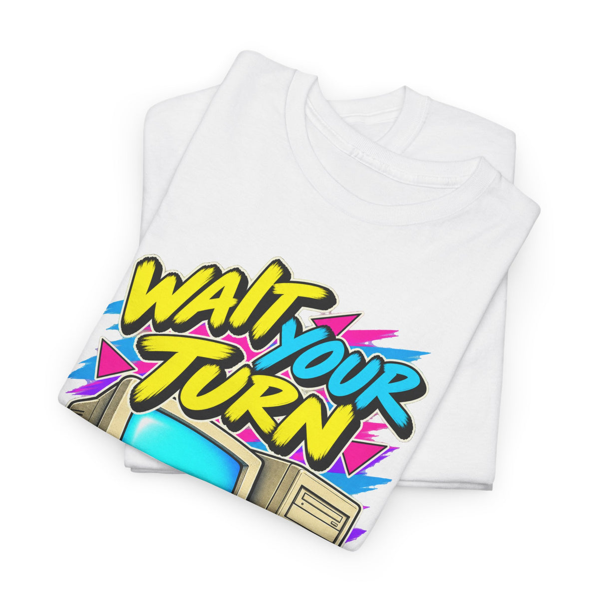 Wait Your Turn to Go Online T-Shirt | Retro Family Computer Nostalgia on a White T-shirt, view 5 (Color: White)