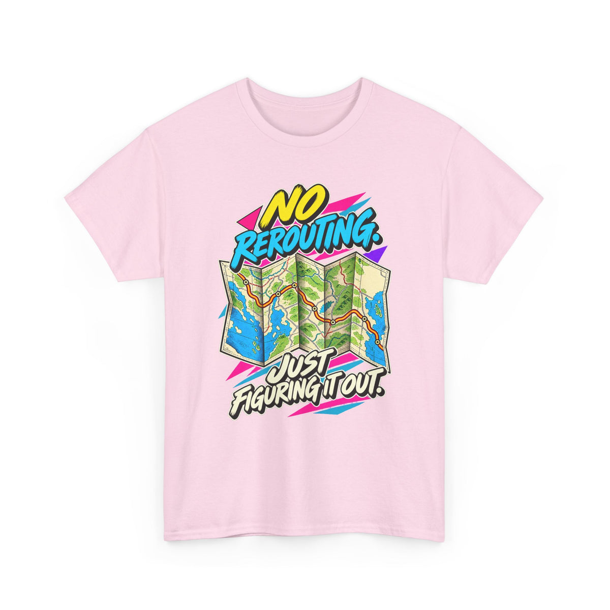 No Rerouting Just Figuring It Out T-Shirt | Retro Road Map Nostalgia on a Light Pink T-shirt, view 4 (Color: Light Pink)