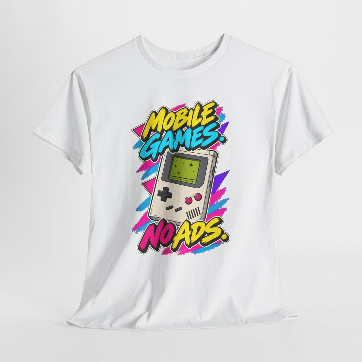 Mobile Games No Ads T-Shirt | Retro Handheld Gaming Nostalgia on a White T-shirt, view 6 (Color: White)