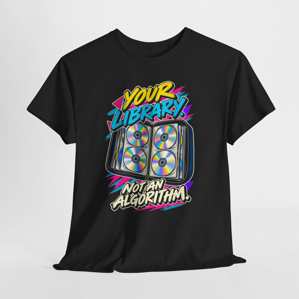 Your Library Not an Algorithm T-Shirt | Retro CD Binder Nostalgia on a Black T-shirt, view 14 (Color: Black)