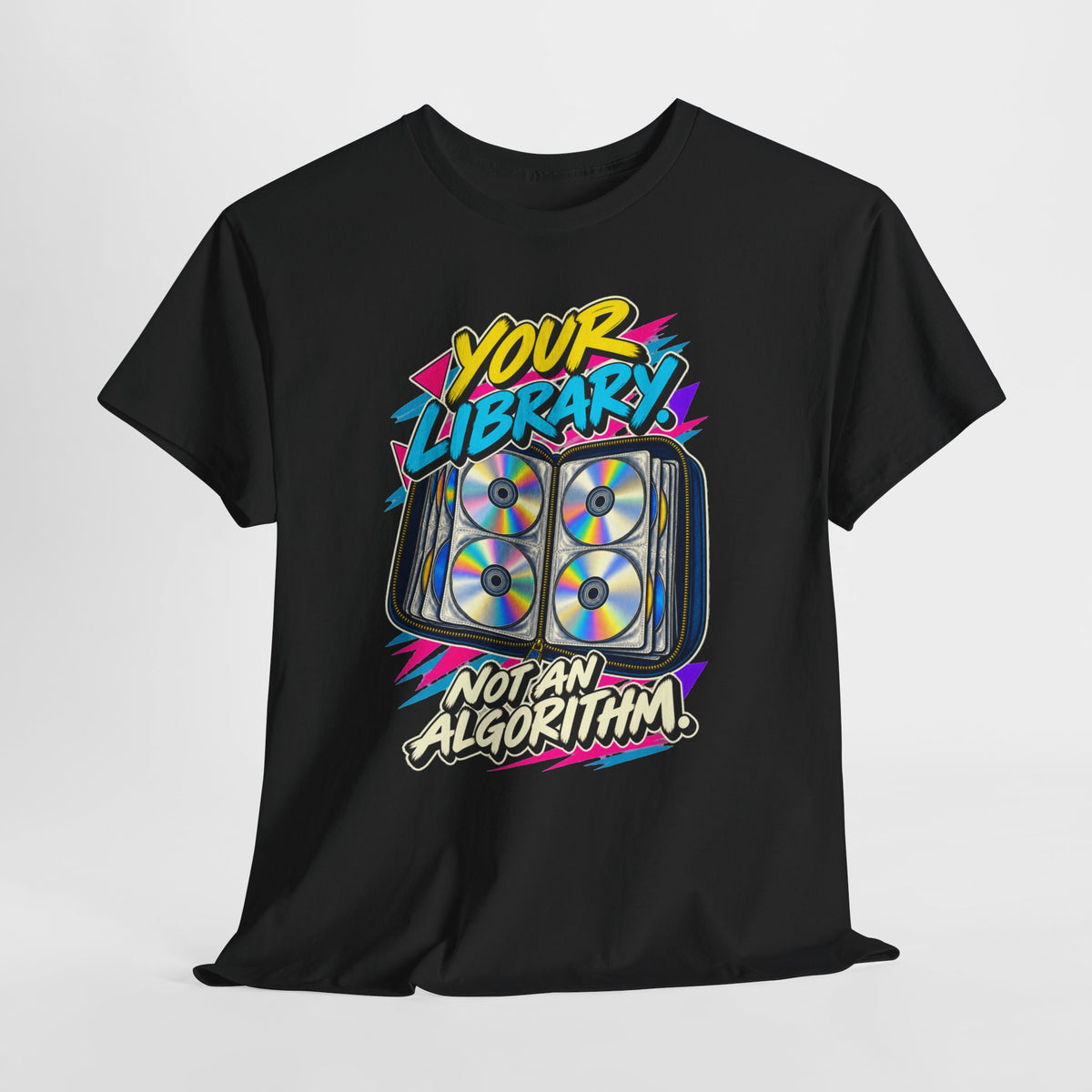 Your Library Not an Algorithm T-Shirt | Retro CD Binder Nostalgia on a Black T-shirt, view 14 (Color: Black)