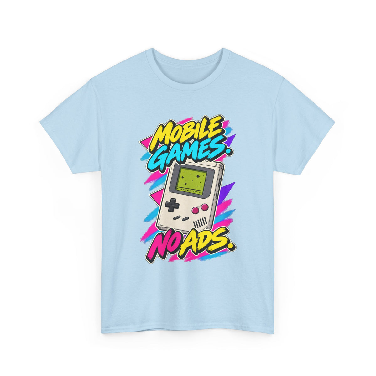 Mobile Games No Ads T-Shirt | Retro Handheld Gaming Nostalgia on a Light Blue T-shirt, view 3 (Color: Light Blue)