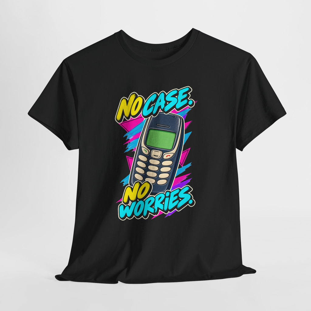 No Case No Worries T-Shirt | Retro Mobile Phone Nostalgia on a Black T-shirt, view 14 (Color: Black)