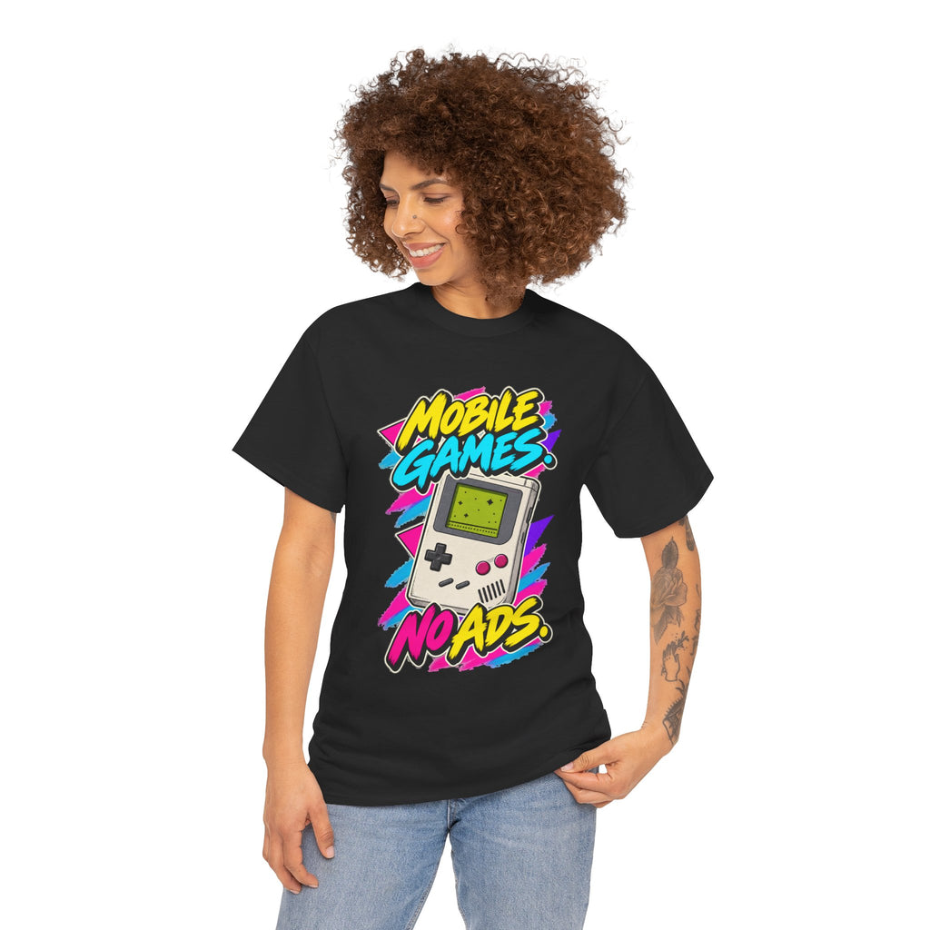 Mobile Games No Ads T-Shirt | Retro Handheld Gaming Nostalgia on a Black T-shirt, view 16 (Color: Black)