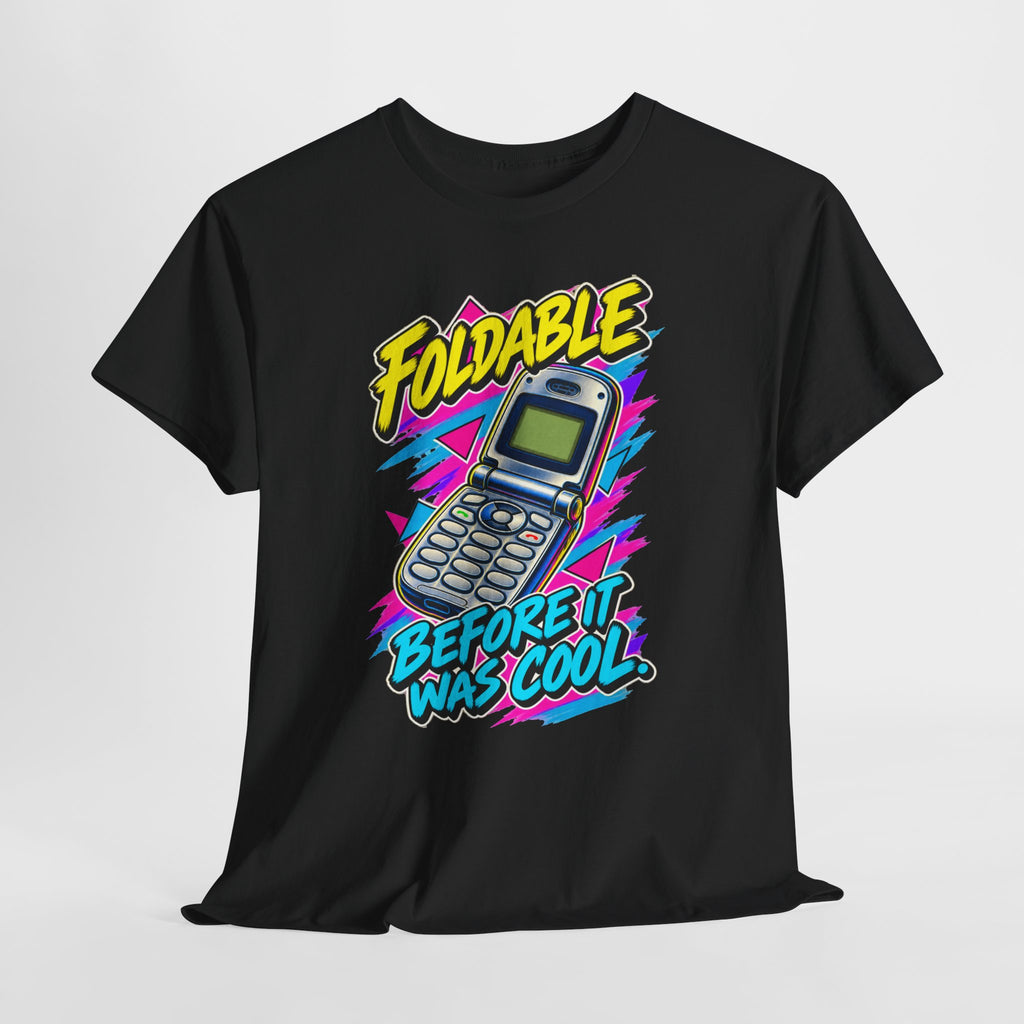 Foldable Before It Was Cool T-Shirt | Retro Flip Phone Nostalgia on a Black T-shirt, view 14 (Color: Black)