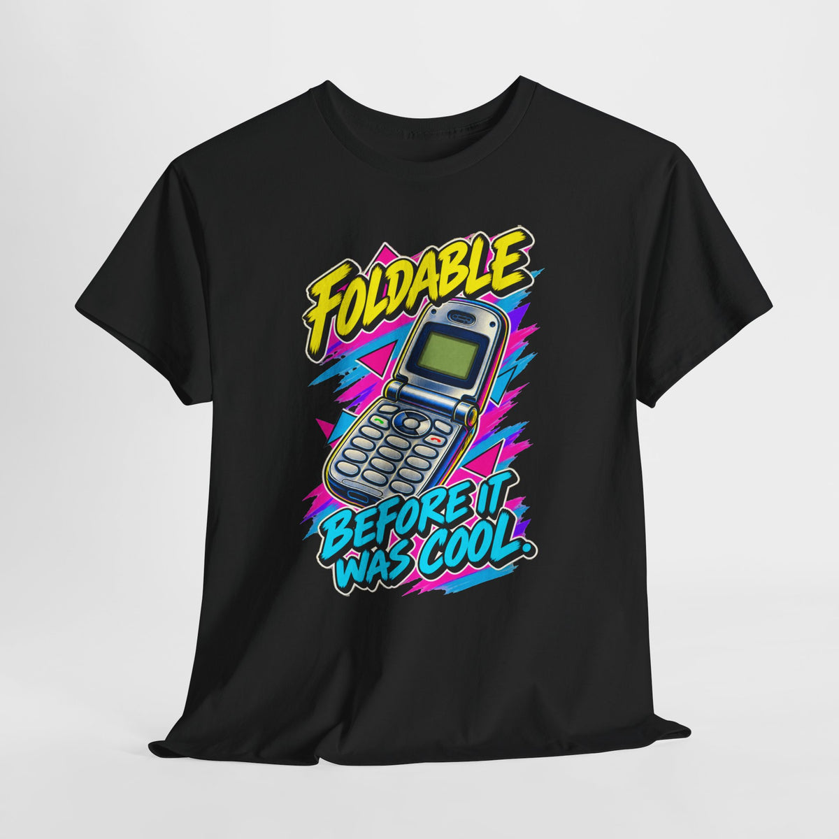 Foldable Before It Was Cool T-Shirt | Retro Flip Phone Nostalgia on a Black T-shirt, view 14 (Color: Black)
