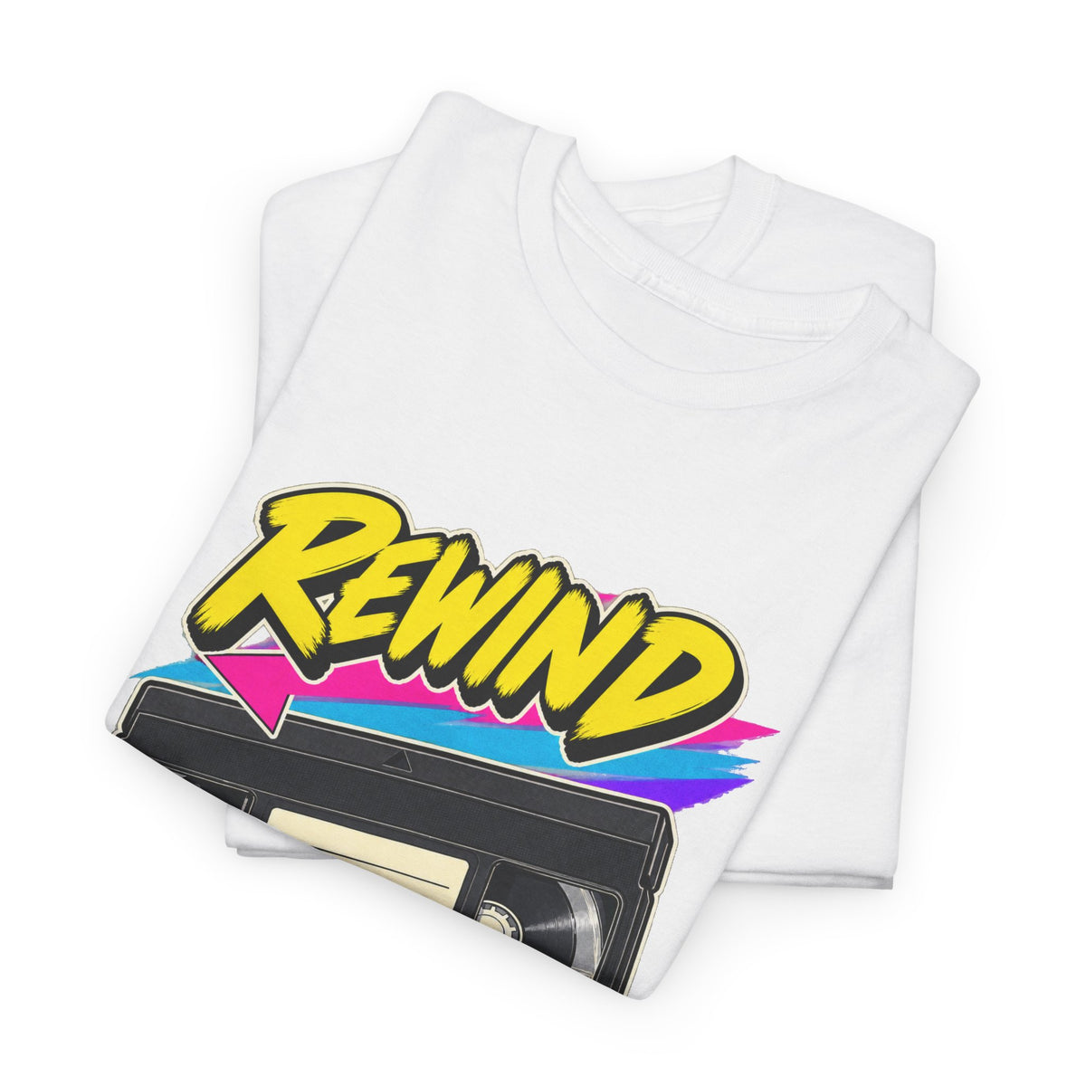 Rewind Before You Start T-Shirt | Retro VHS Cassette Nostalgia on a White T-shirt, view 5 (Color: White)
