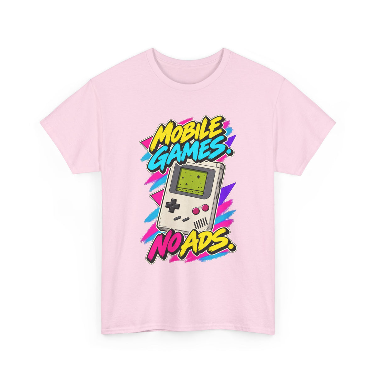 Mobile Games No Ads T-Shirt | Retro Handheld Gaming Nostalgia on a Light Pink T-shirt, view 4 (Color: Light Pink)