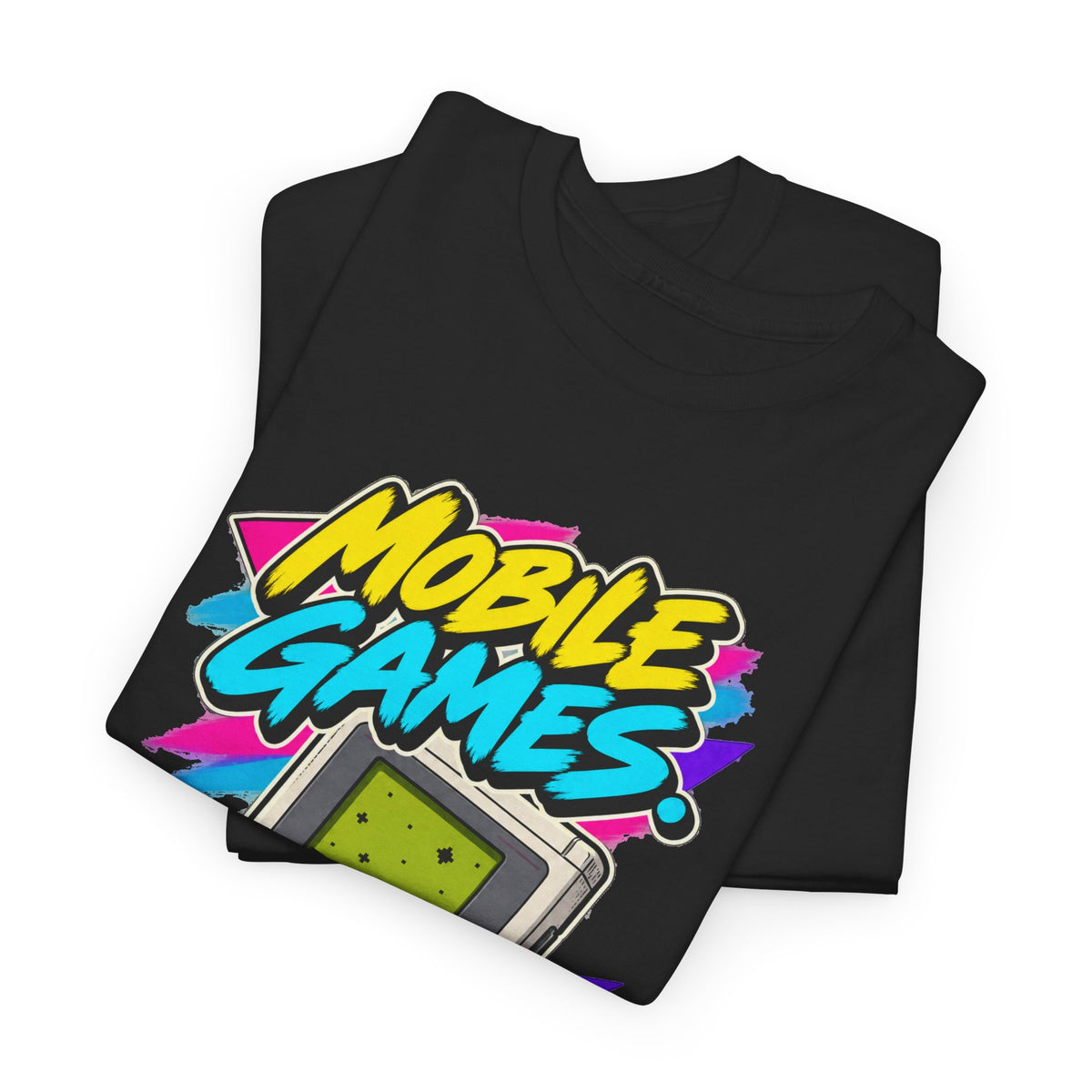Mobile Games No Ads T-Shirt | Retro Handheld Gaming Nostalgia on a Black T-shirt, view 13 (Color: Black)