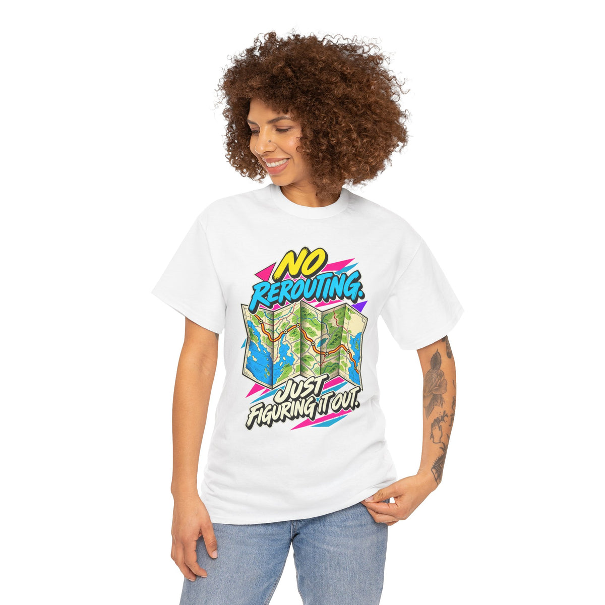 No Rerouting Just Figuring It Out T-Shirt | Retro Road Map Nostalgia on a White T-shirt, view 9 (Color: White)