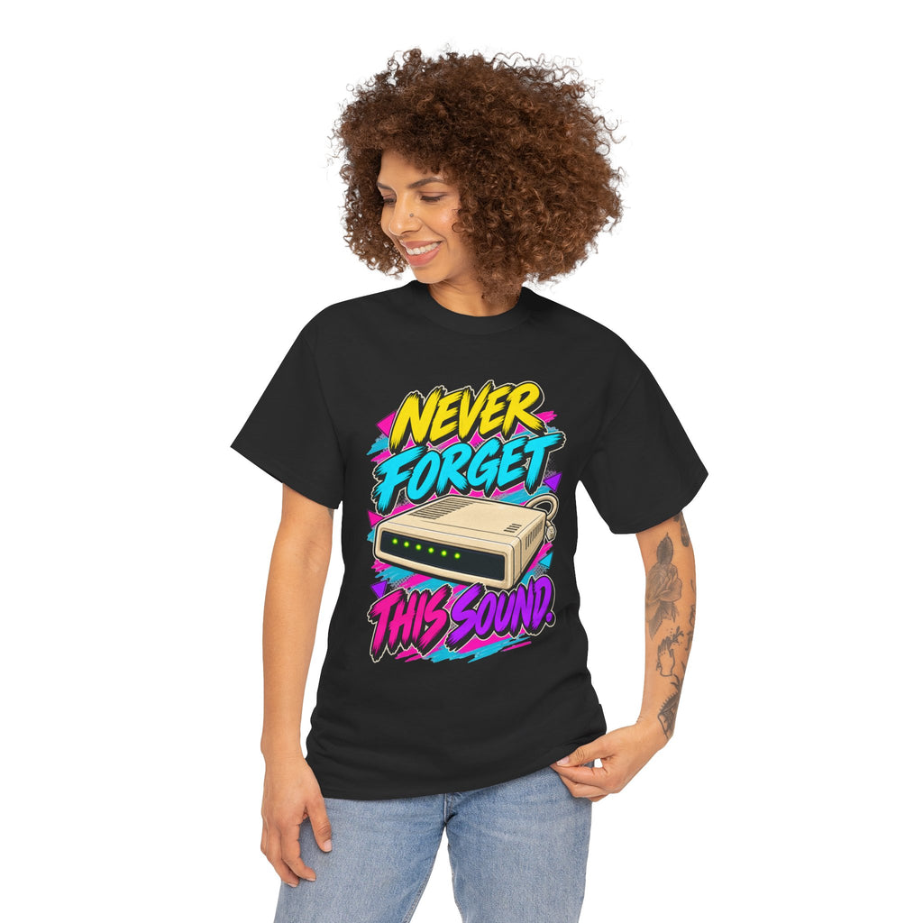 Never Forget This Sound T-Shirt | Retro Dial-Up Modem Nostalgia on a Black T-shirt, view 27 (Color: Black)