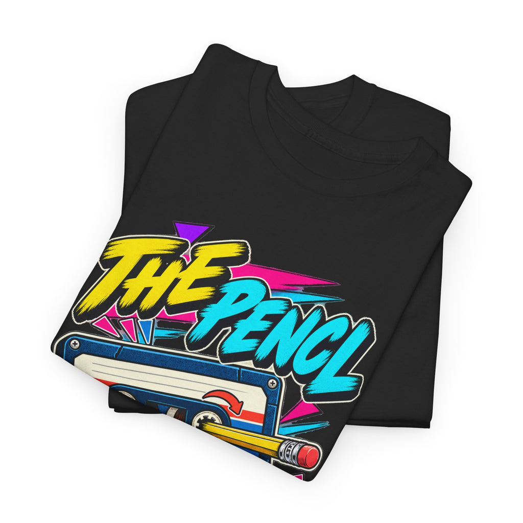 The Pencil Is Not for Writing T-Shirt | Retro Cassette Mixtape Nostalgia on a Black T-shirt, view 13 (Color: Black)