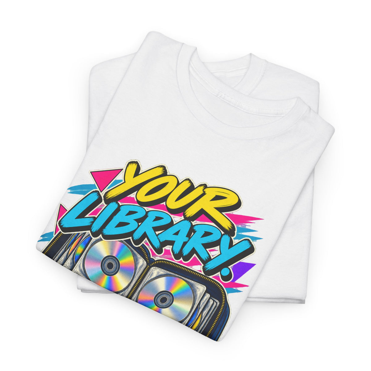 Your Library Not an Algorithm T-Shirt | Retro CD Binder Nostalgia on a White T-shirt, view 5 (Color: White)