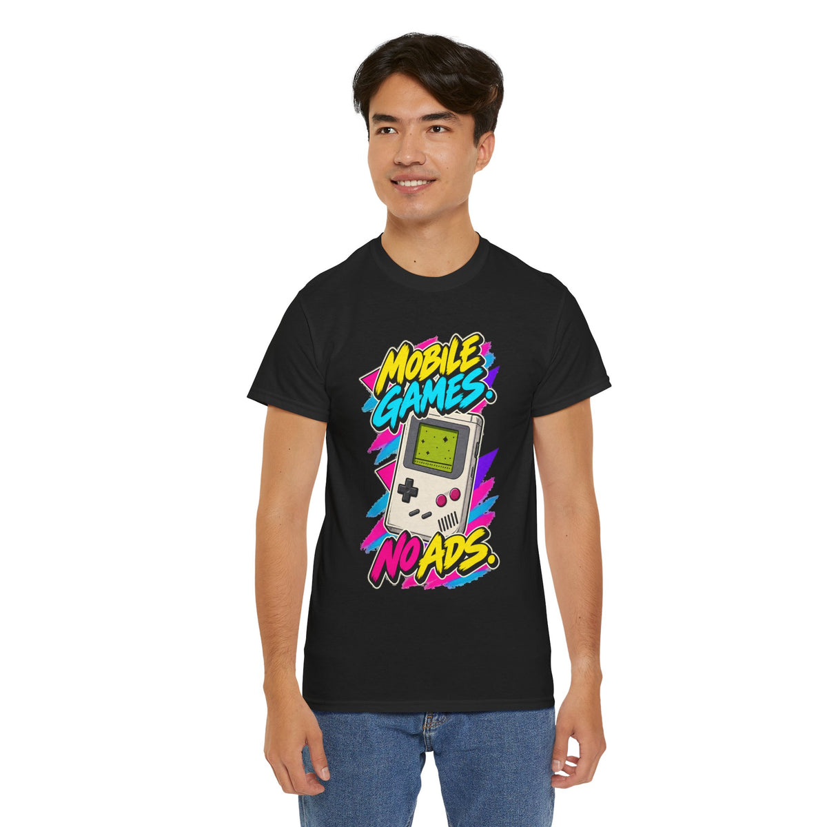 Mobile Games No Ads T-Shirt | Retro Handheld Gaming Nostalgia on a Black T-shirt, view 18 (Color: Black)