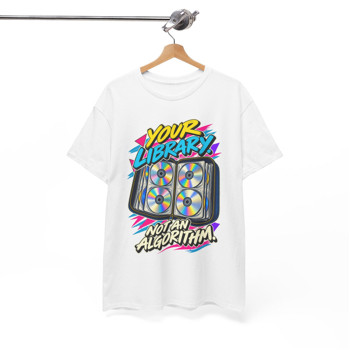 Your Library Not an Algorithm T-Shirt | Retro CD Binder Nostalgia on a White T-shirt, view 7 (Color: White)