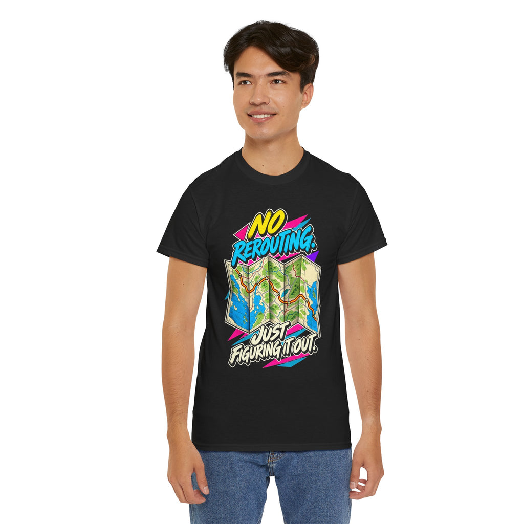 No Rerouting Just Figuring It Out T-Shirt | Retro Road Map Nostalgia on a Black T-shirt, view 19 (Color: Black)
