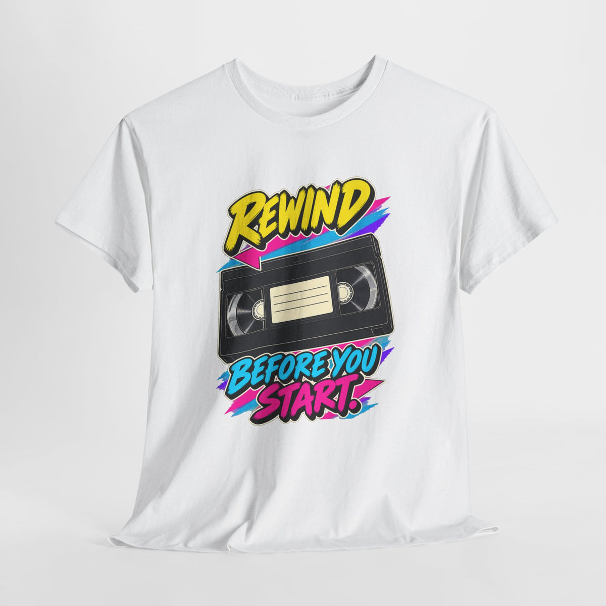 Rewind Before You Start T-Shirt | Retro VHS Cassette Nostalgia on a White T-shirt, view 6 (Color: White)