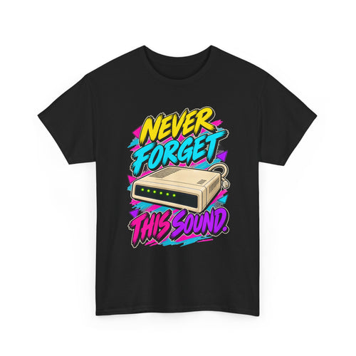 Never Forget This Sound T-Shirt | Retro Dial-Up Modem Nostalgia on a Black T-shirt, view 3 (Color: Black)