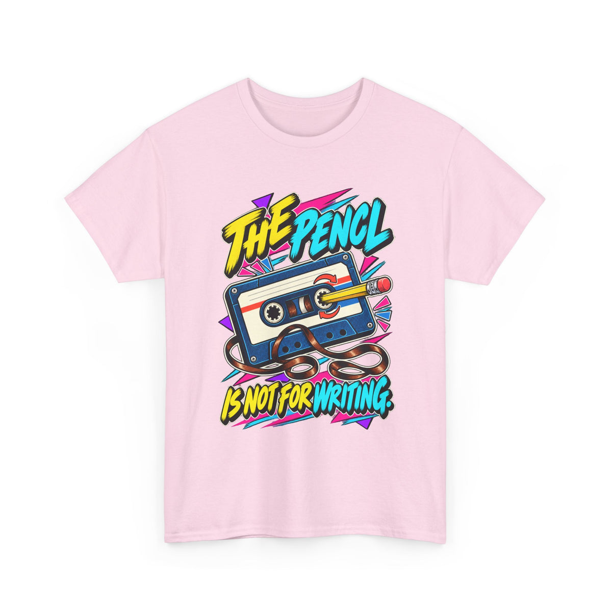 The Pencil Is Not for Writing T-Shirt | Retro Cassette Mixtape Nostalgia on a Light Pink T-shirt, view 4 (Color: Light Pink)