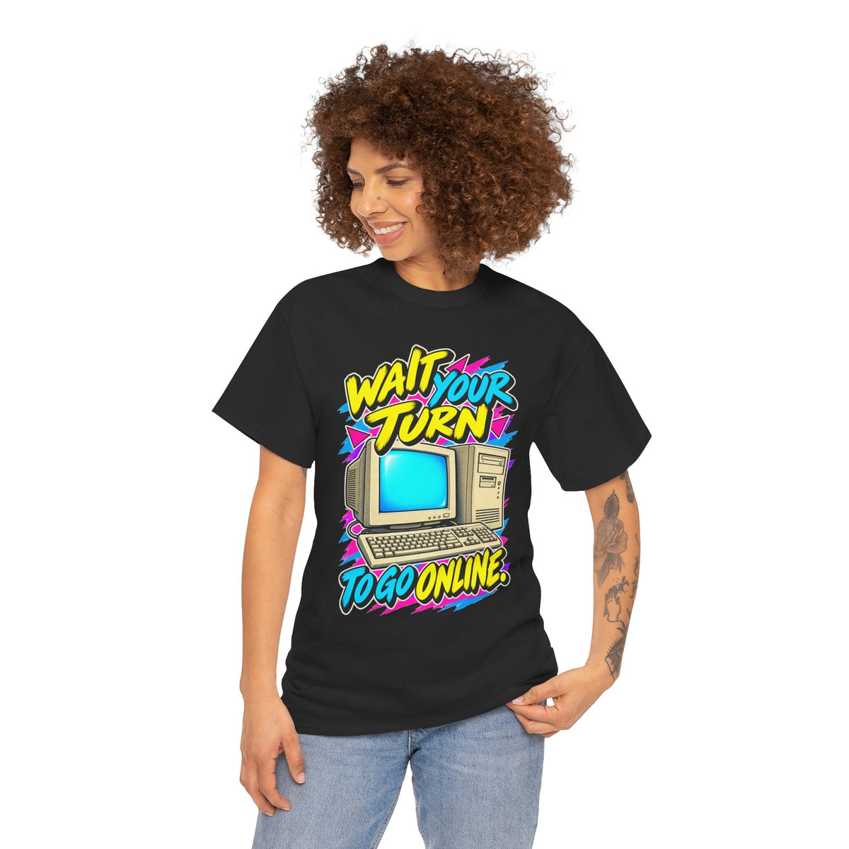 Wait Your Turn to Go Online T-Shirt | Retro Family Computer Nostalgia on a Black T-shirt, view 17 (Color: Black)