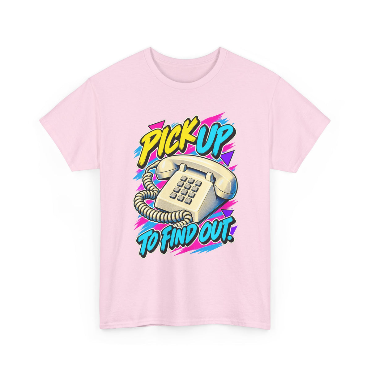 Pick Up to Find Out T-Shirt | Retro Landline Phone Nostalgia on a Light Pink T-shirt, view 4 (Color: Light Pink)