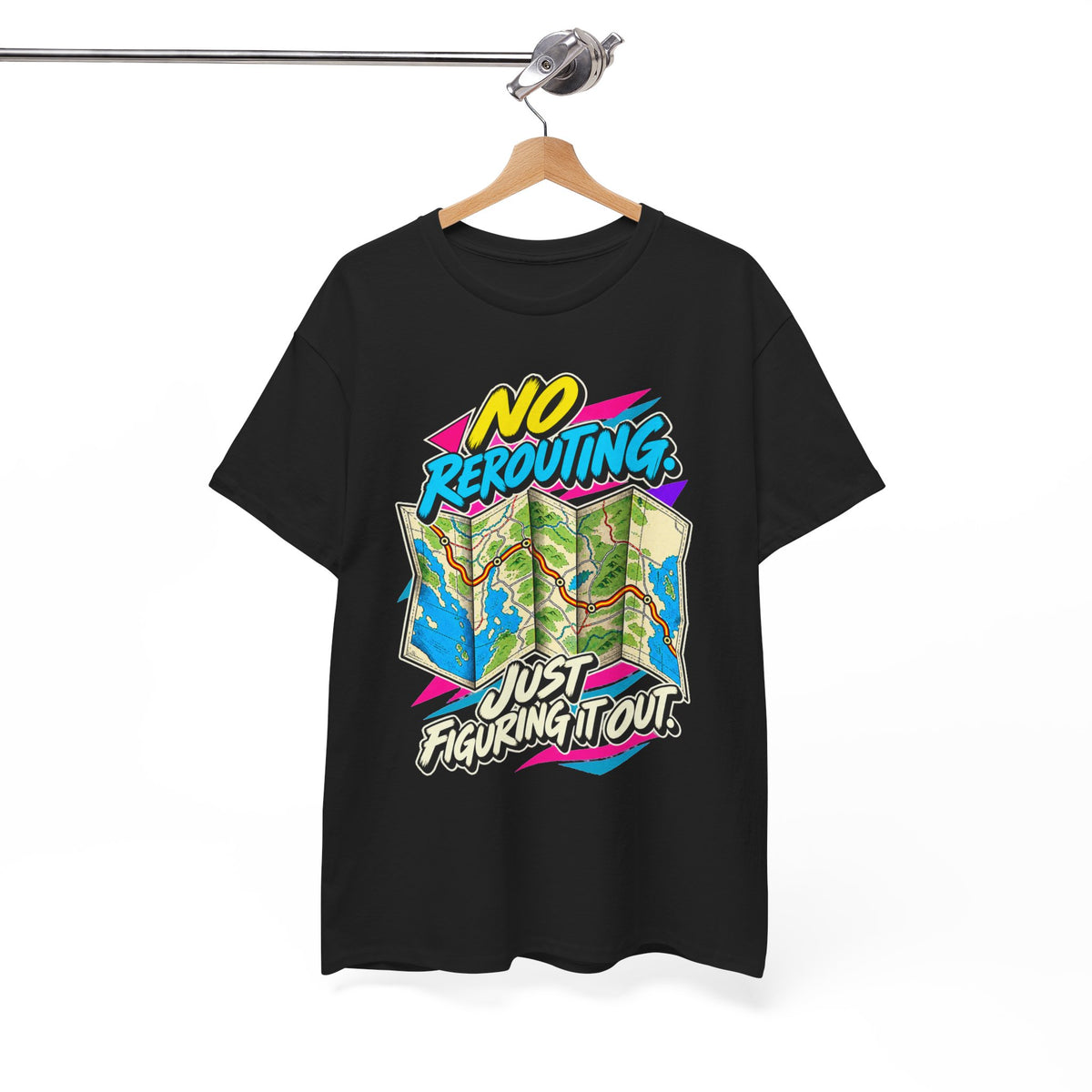 No Rerouting Just Figuring It Out T-Shirt | Retro Road Map Nostalgia on a Black T-shirt, view 15 (Color: Black)