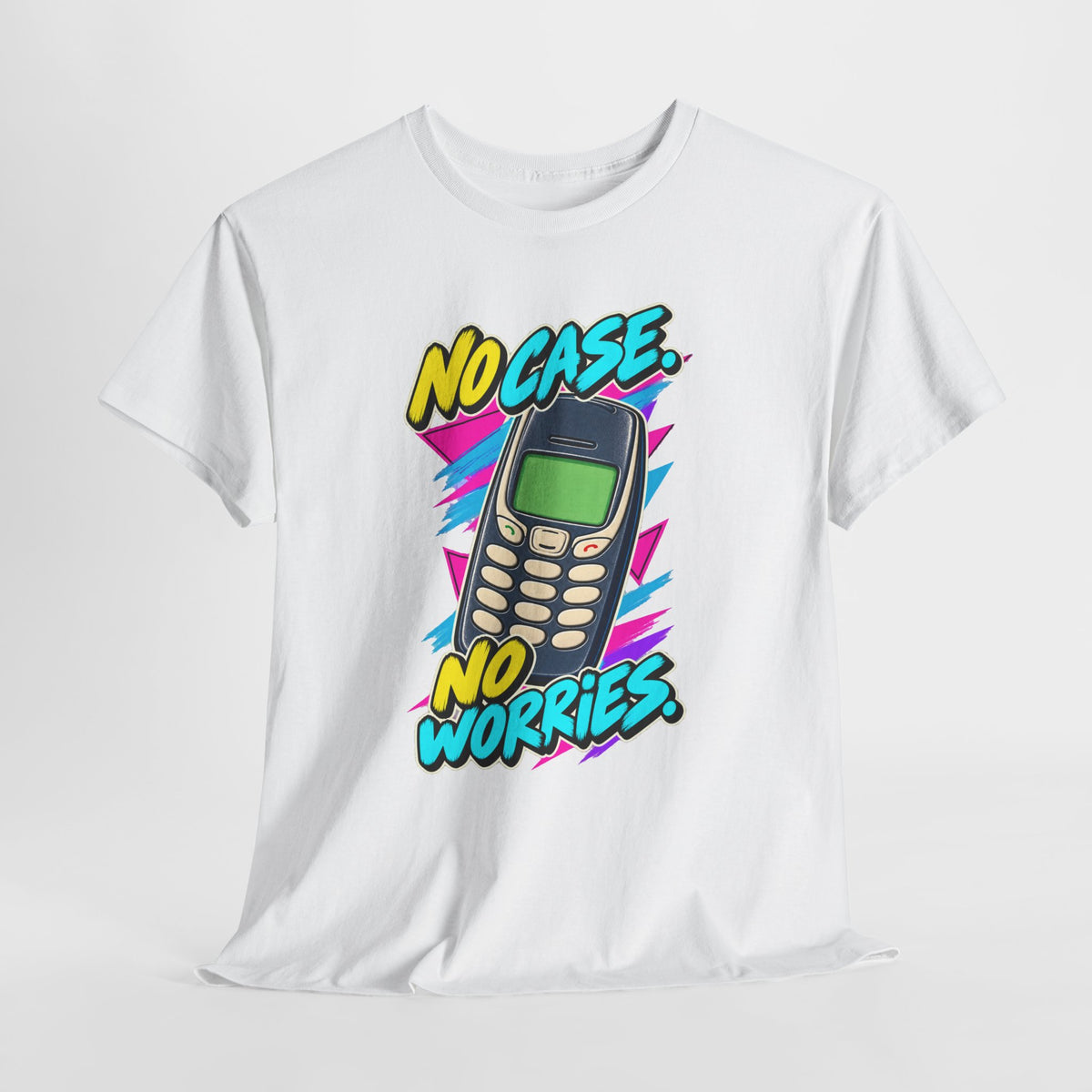 No Case No Worries T-Shirt | Retro Mobile Phone Nostalgia on a White T-shirt, view 6 (Color: White)