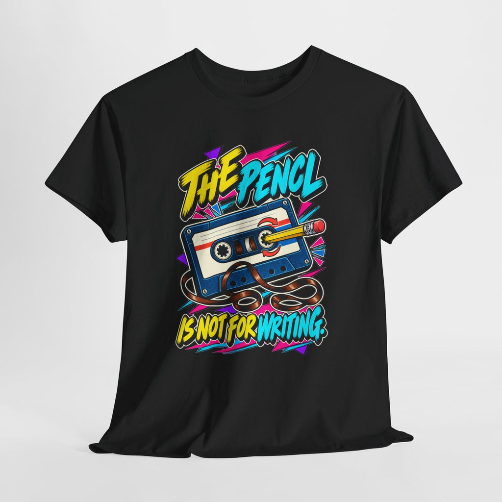 The Pencil Is Not for Writing T-Shirt | Retro Cassette Mixtape Nostalgia on a Black T-shirt, view 14 (Color: Black)