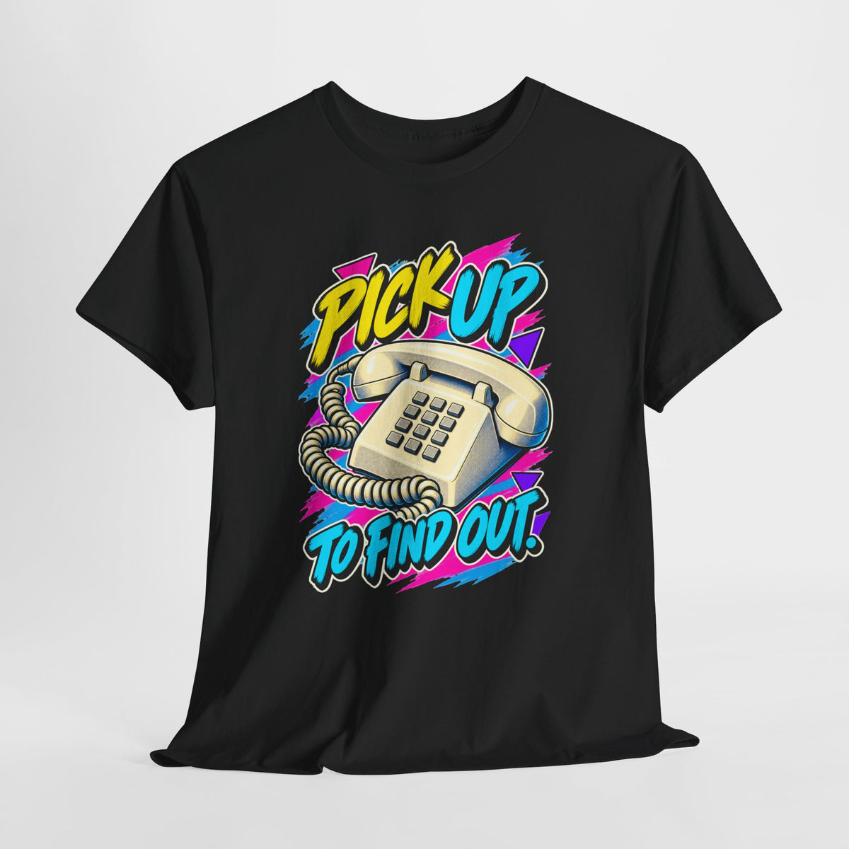 Pick Up to Find Out T-Shirt | Retro Landline Phone Nostalgia on a Black T-shirt, view 14 (Color: Black)