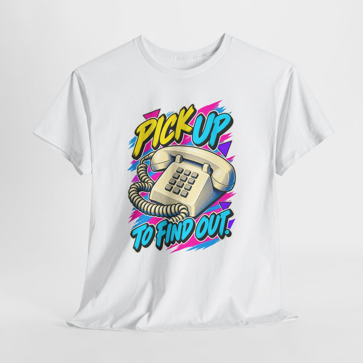 Pick Up to Find Out T-Shirt | Retro Landline Phone Nostalgia on a White T-shirt, view 6 (Color: White)