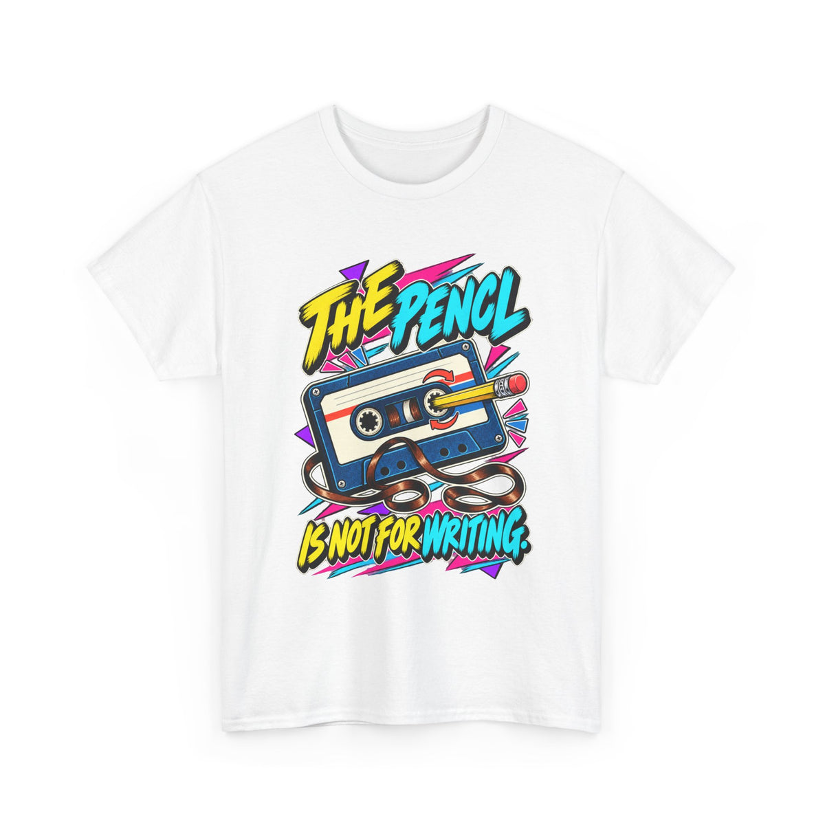 The Pencil Is Not for Writing T-Shirt | Retro Cassette Mixtape Nostalgia on a White T-shirt, view 1 (Color: White)