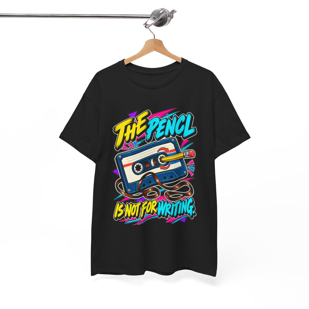 The Pencil Is Not for Writing T-Shirt | Retro Cassette Mixtape Nostalgia on a Black T-shirt, view 15 (Color: Black)