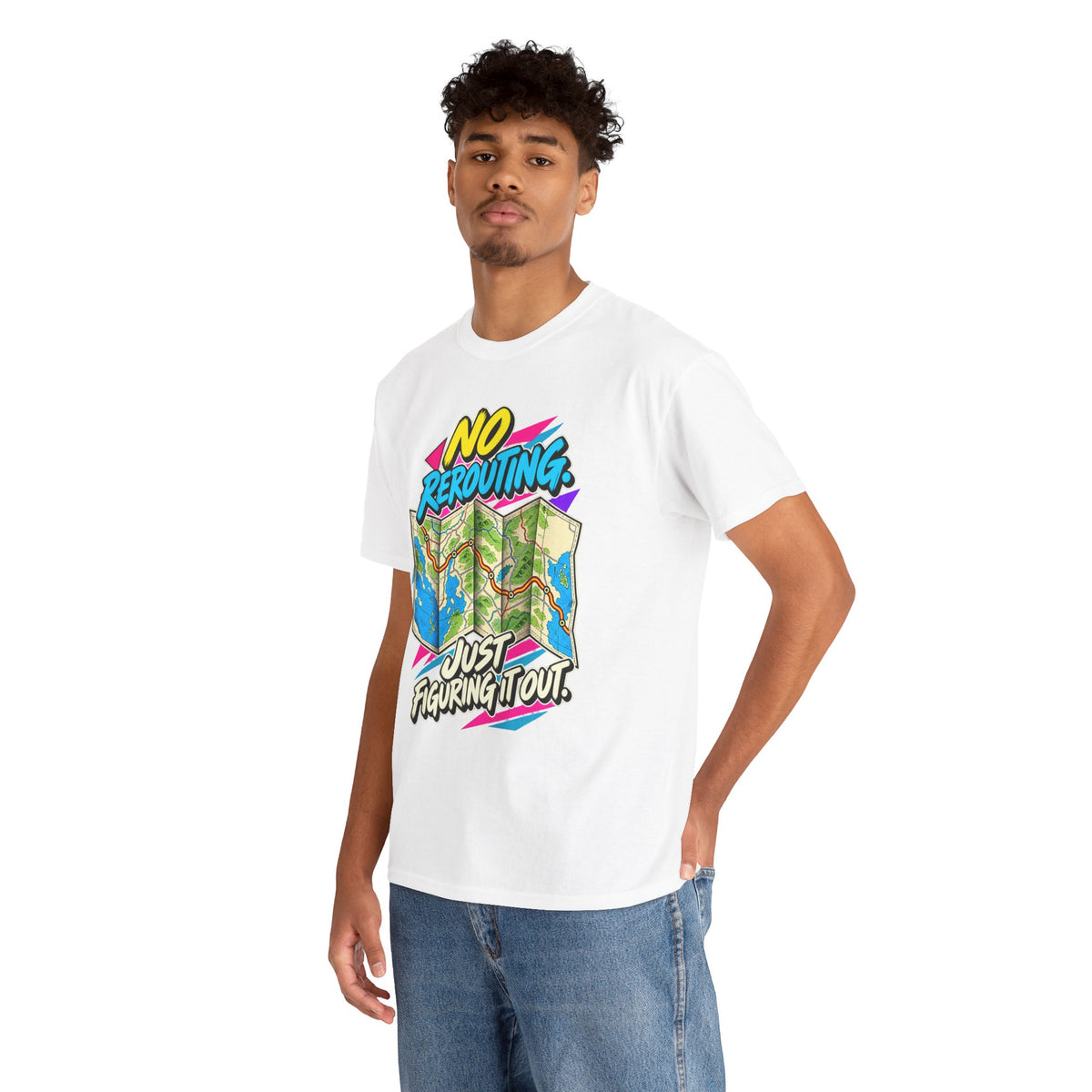 No Rerouting Just Figuring It Out T-Shirt | Retro Road Map Nostalgia on a White T-shirt, view 10 (Color: White)