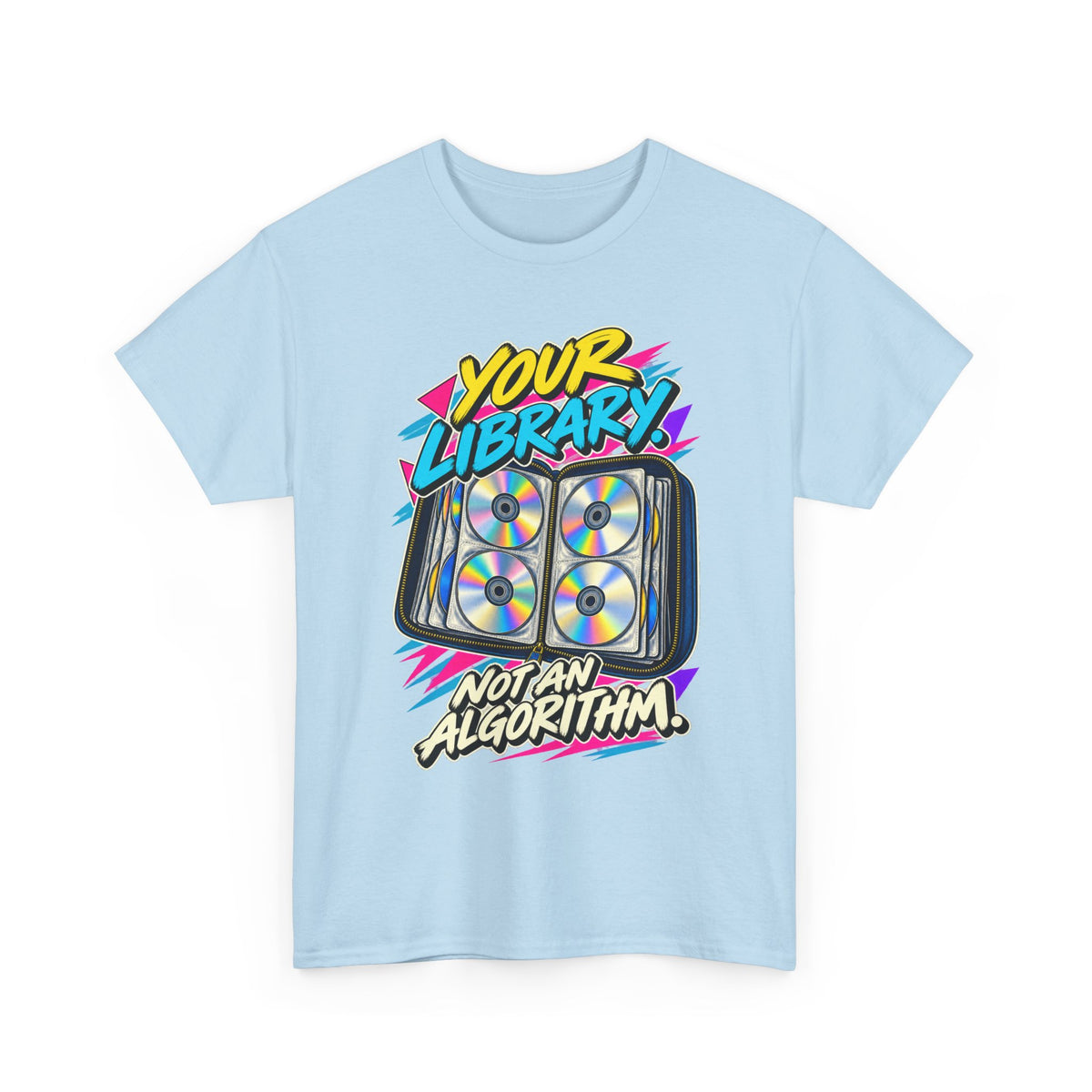 Your Library Not an Algorithm T-Shirt | Retro CD Binder Nostalgia on a Light Blue T-shirt, view 3 (Color: Light Blue)