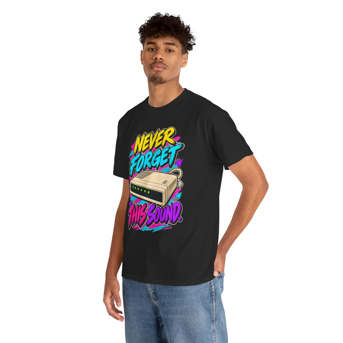 Never Forget This Sound T-Shirt | Retro Dial-Up Modem Nostalgia on a Black T-shirt, view 28 (Color: Black)