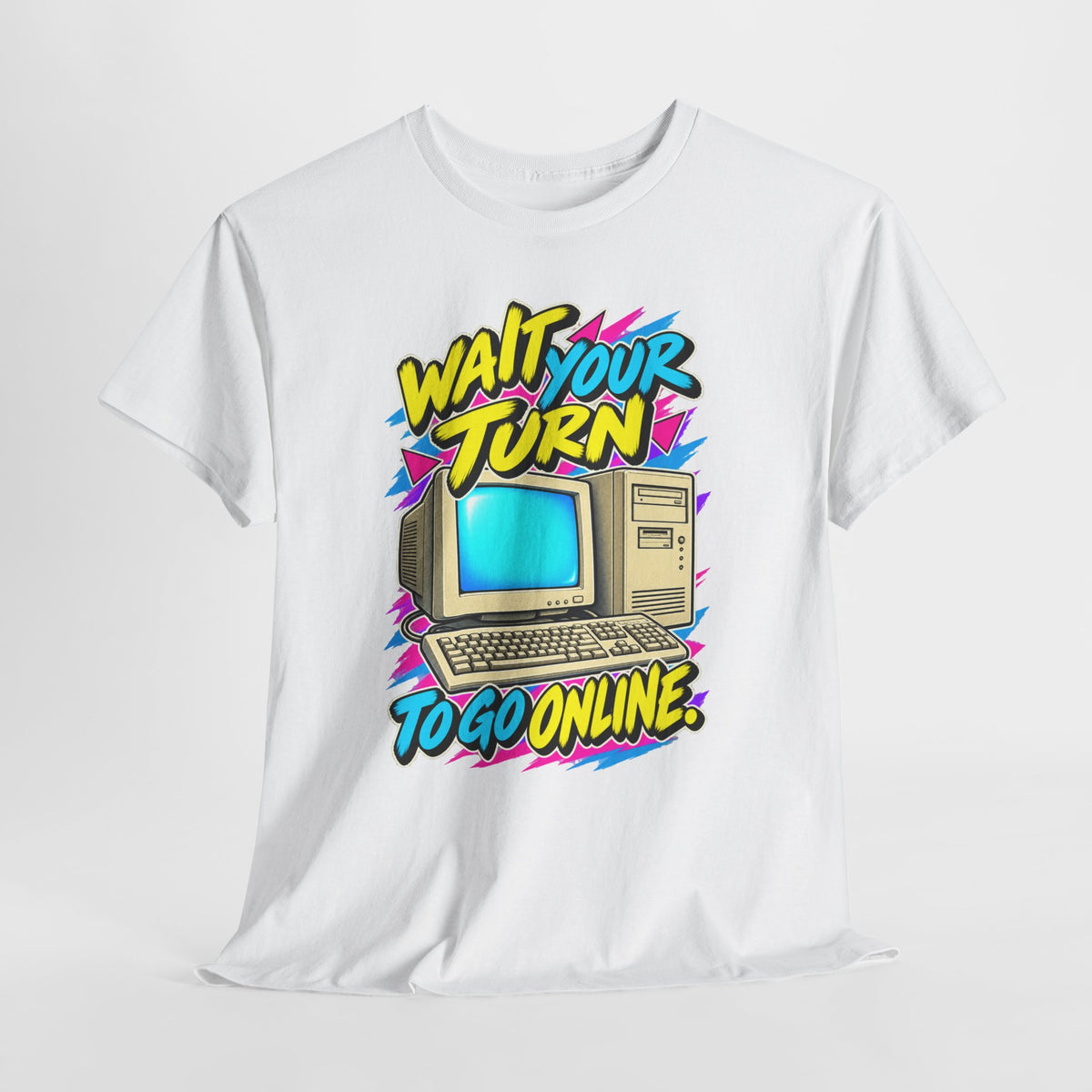 Wait Your Turn to Go Online T-Shirt | Retro Family Computer Nostalgia on a White T-shirt, view 6 (Color: White)