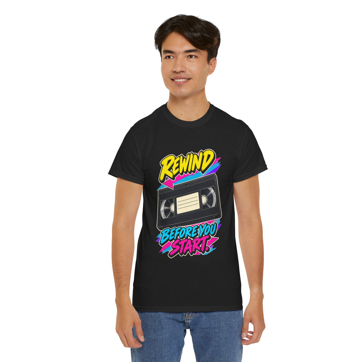 Rewind Before You Start T-Shirt | Retro VHS Cassette Nostalgia on a Black T-shirt, view 19 (Color: Black)
