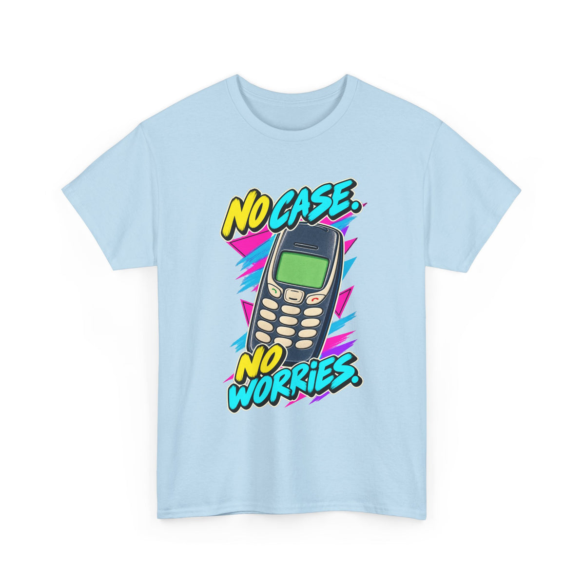 No Case No Worries T-Shirt | Retro Mobile Phone Nostalgia on a Light Blue T-shirt, view 3 (Color: Light Blue)