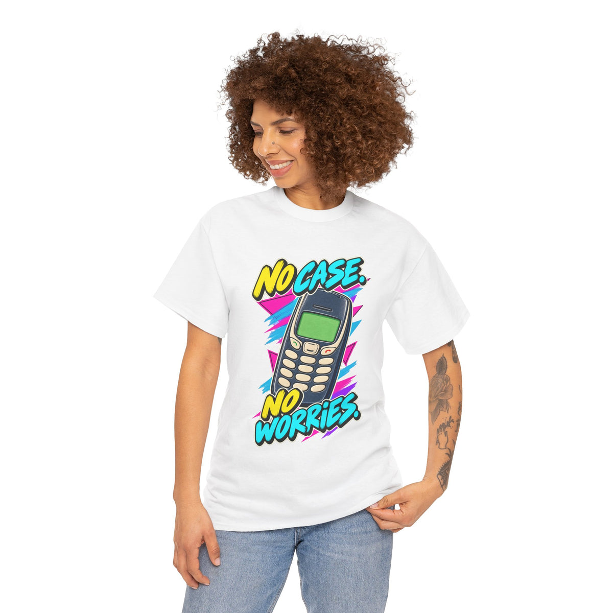 No Case No Worries T-Shirt | Retro Mobile Phone Nostalgia on a White T-shirt, view 9 (Color: White)