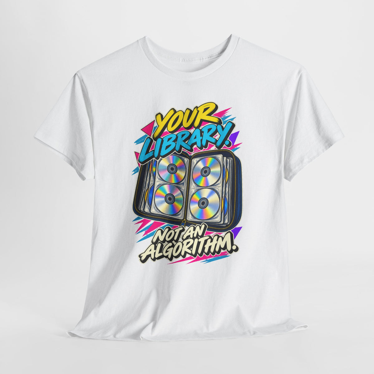 Your Library Not an Algorithm T-Shirt | Retro CD Binder Nostalgia on a White T-shirt, view 6 (Color: White)