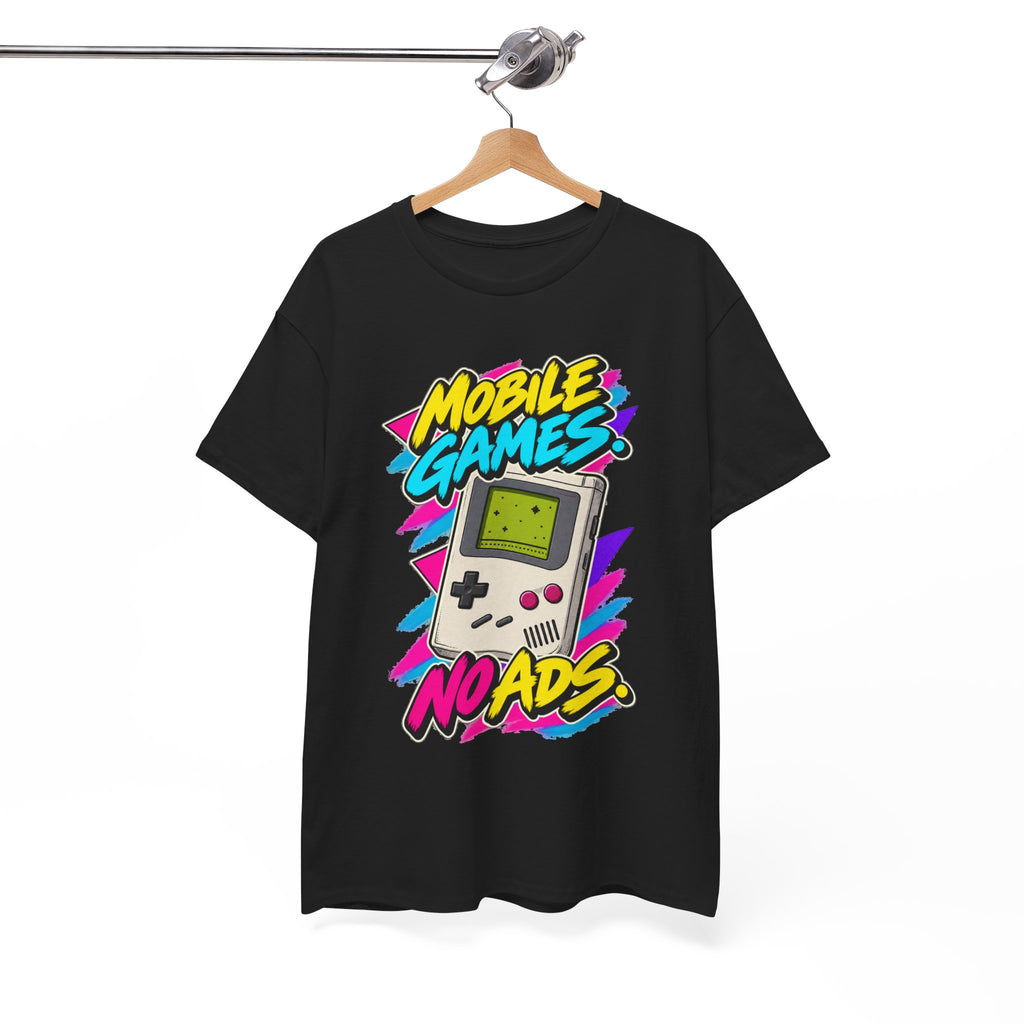 Mobile Games No Ads T-Shirt | Retro Handheld Gaming Nostalgia on a Black T-shirt, view 15 (Color: Black)
