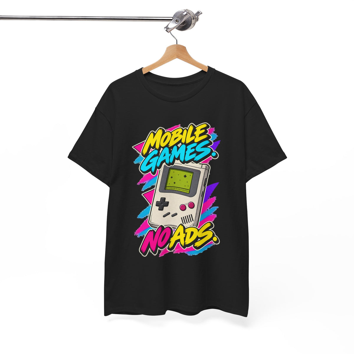 Mobile Games No Ads T-Shirt | Retro Handheld Gaming Nostalgia on a Black T-shirt, view 15 (Color: Black)