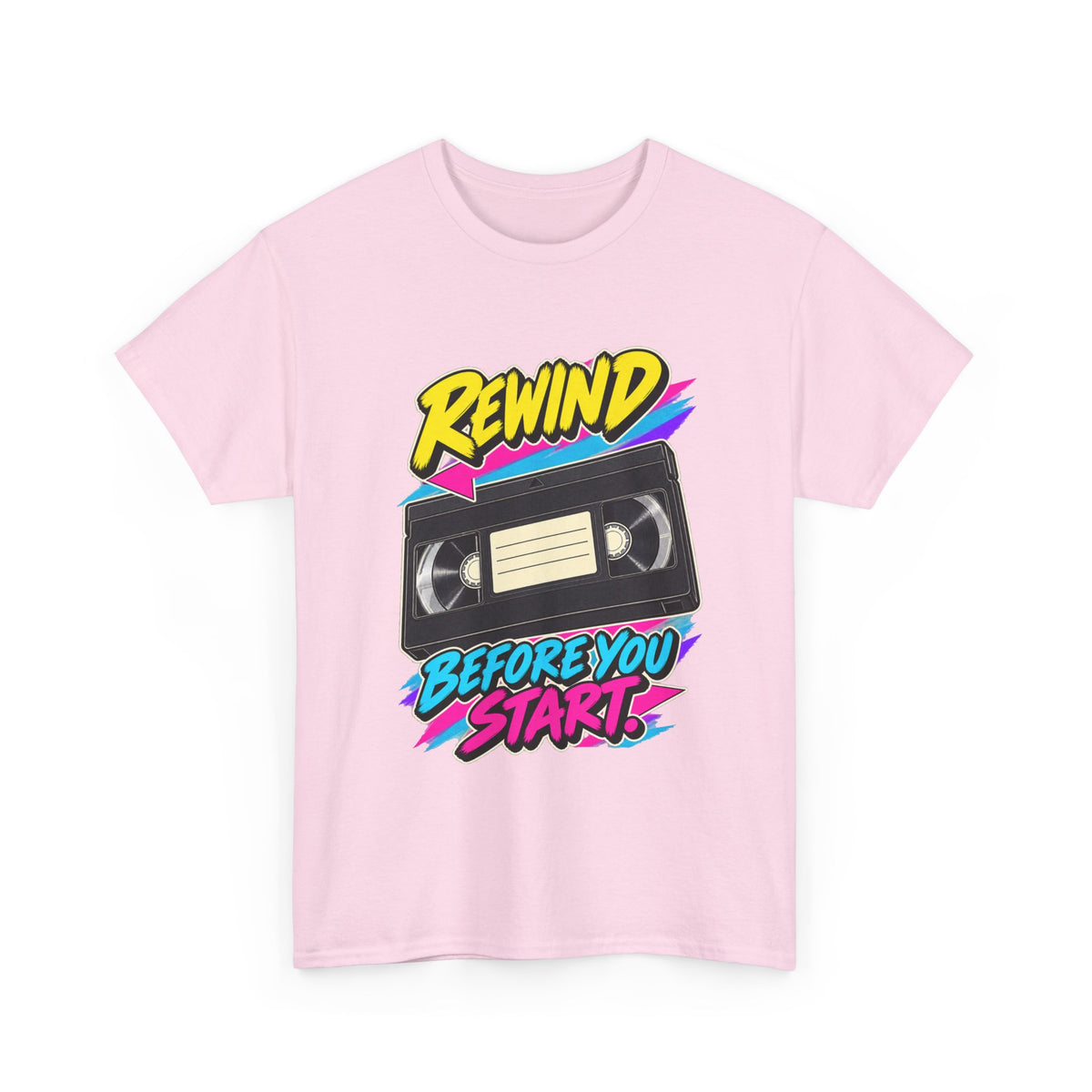 Rewind Before You Start T-Shirt | Retro VHS Cassette Nostalgia on a Light Pink T-shirt, view 4 (Color: Light Pink)