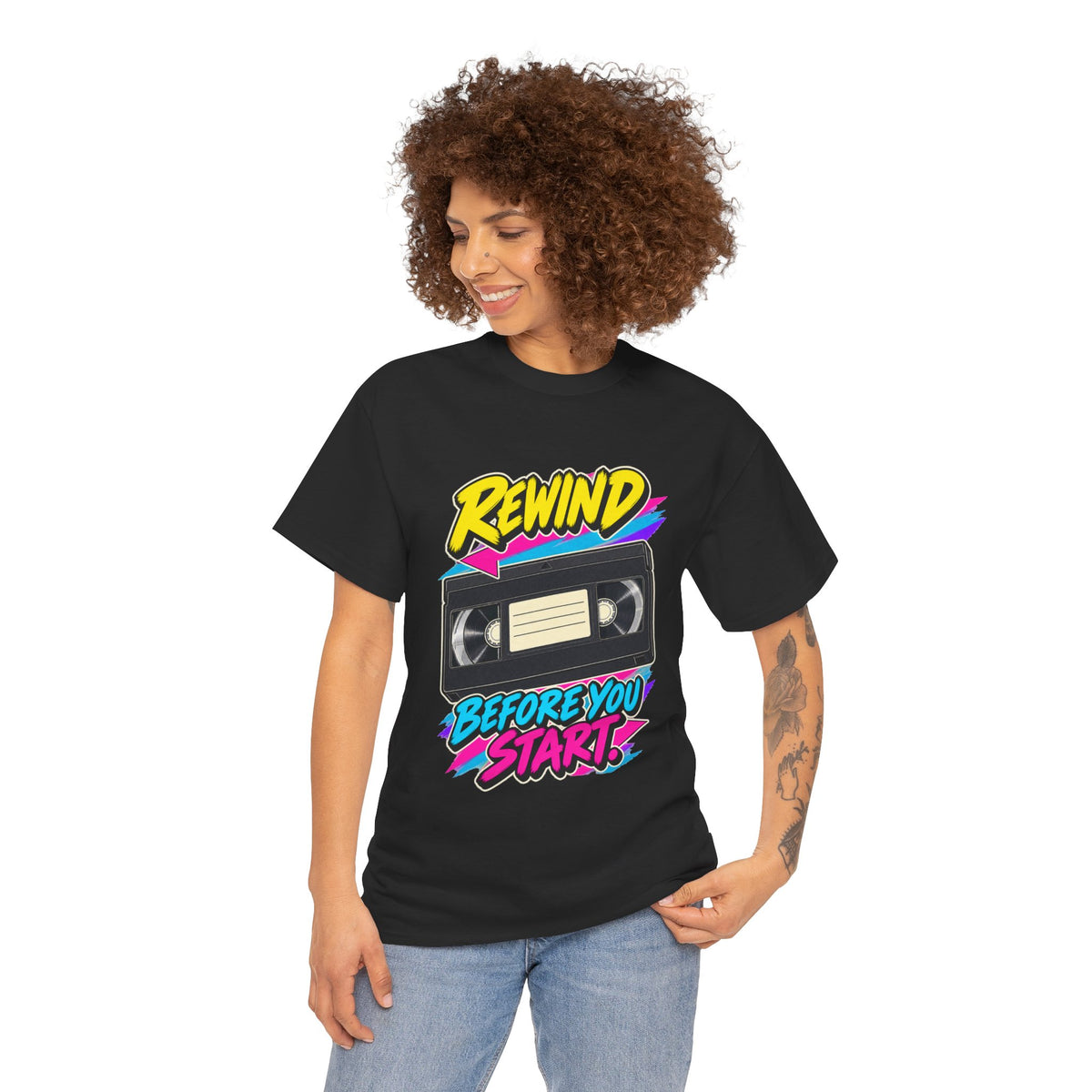 Rewind Before You Start T-Shirt | Retro VHS Cassette Nostalgia on a Black T-shirt, view 17 (Color: Black)
