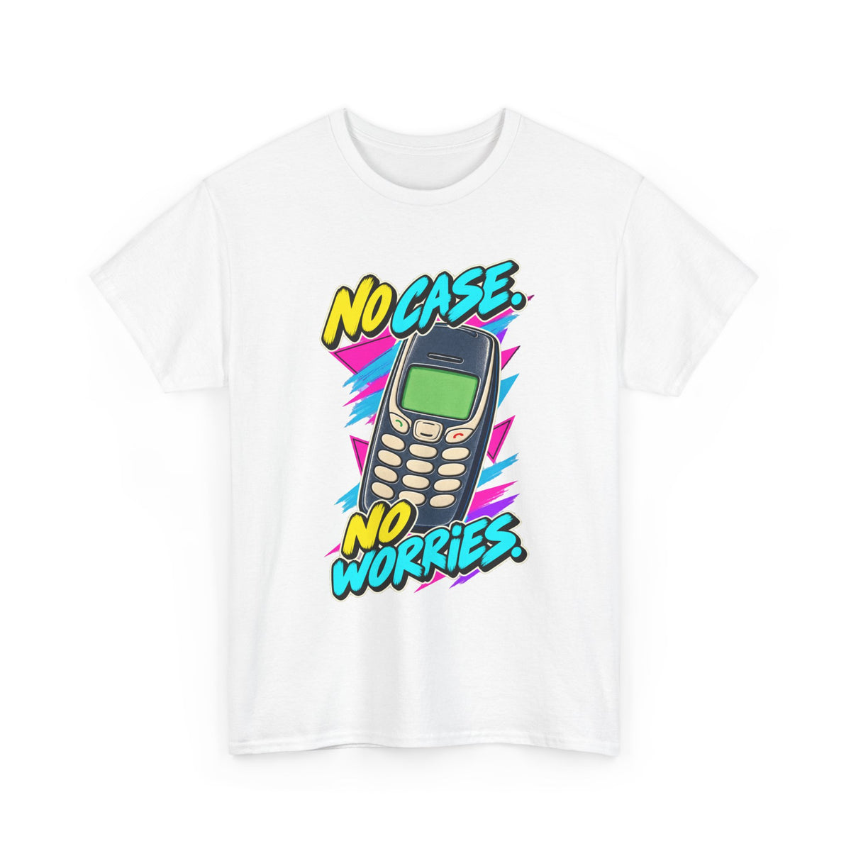 No Case No Worries T-Shirt | Retro Mobile Phone Nostalgia on a White T-shirt, view 1 (Color: White)